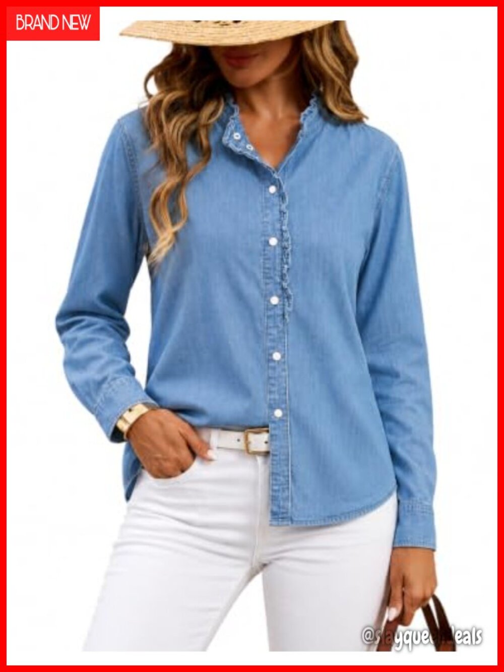 Kedera Denim Shirt Women Button Down Ruffled Ruffle V Neck Long Sleeve